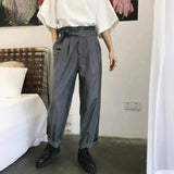 BONSIR  -  Mens Trousers Belt Decoration Casual Pants Autumn British Style Business Commuting Wild Straight Harem Pants Men'S Clothing