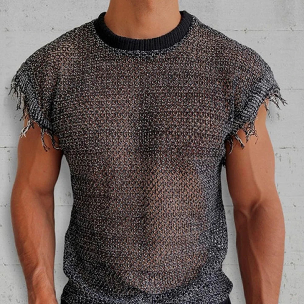 Bonsir Men Summer Hollow Knit Vest Sleeveless O Neck Basic Pullover Tee for Man Casual Tassel Solid T Shirt 2024 Mesh See Through Top