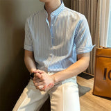 BONSIR  -  New Fashion Striped Stand Collar Men Shirts Luxury Casual Textured Half Sleeve Cardigan Tops Summer Business Slim-fit Blouse