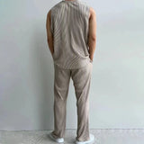 BONSIR  -  Fashion Solid Two Piece Suits Men‘s O-Neck Sleeveless Tops And Pants Outfits Men Summer New Casual Simplicity Solid Rib Sets