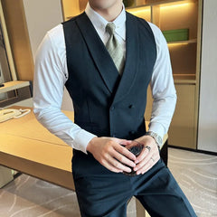 Bonsir High-end Double-breasted Suit Vest With Pants New Men Fashion Slim Business Casual Best Groom Wedding Dress Vest  2 Pcs Set