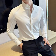 Bonsir Autumn New Stand Collar Solid Slim Shirts Mens Hide Buttons Design Luxury Long Sleeve Party Wedding Business Dress Shirts