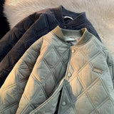 BONSIR  -  Diamond plaid cotton jacket for men and women in autumn and winter thickened baseball uniform casual retro cotton jacket