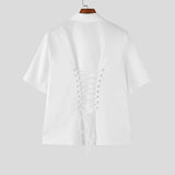 BONSIR  -  Men Shirt Solid Color Lapel Short Sleeve Lace Up Streetwear Men Clothing Summer 2025 Button Fashion Tops Camisas S-5XL