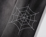 Bonsir Retro Rhinestone Spider Web Distressed Men's Jeans Pants High Street Straight Washed Casual Oversized Unisex Denim Trousers
