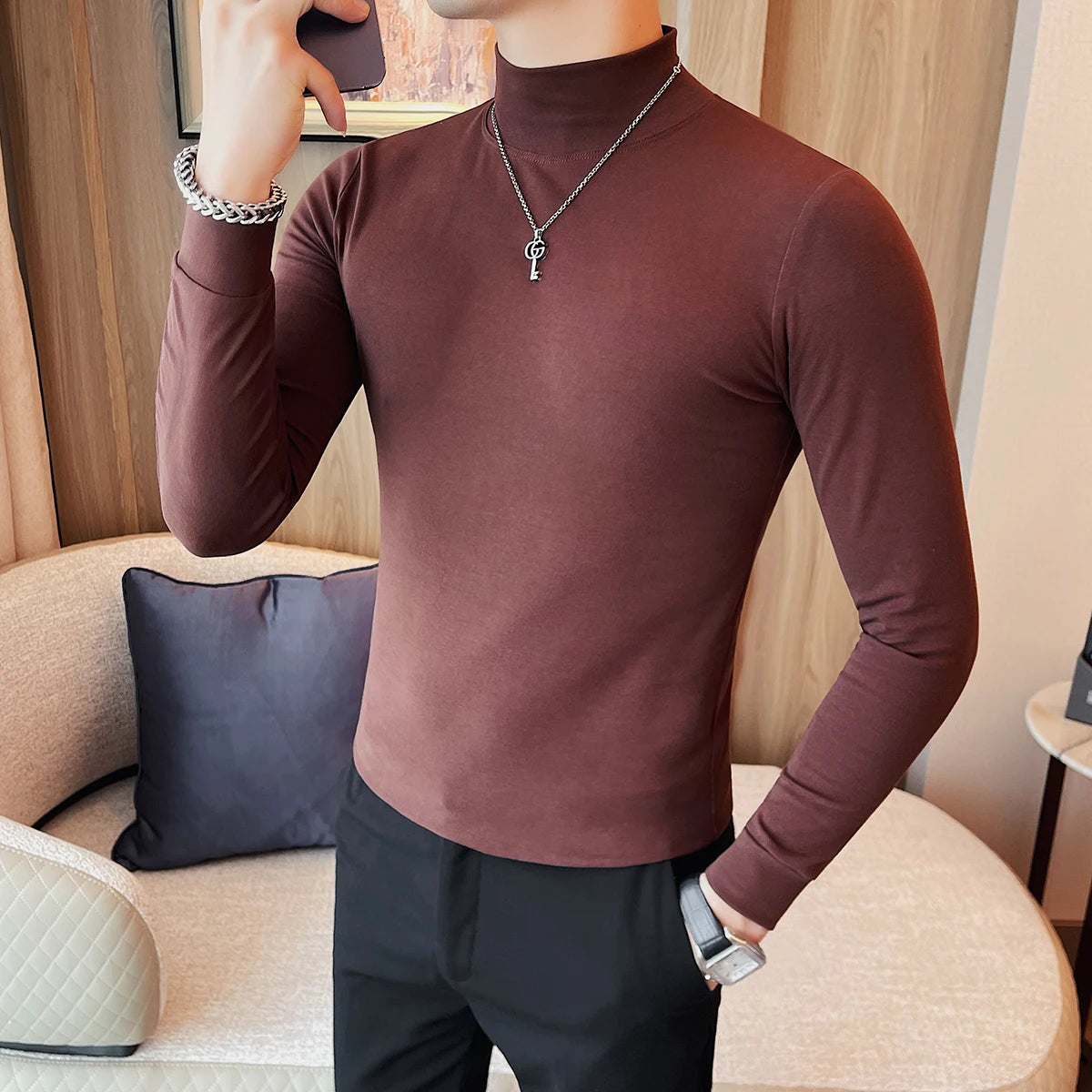 Bonsir 7 Colors Autumn Winter Half High Neck Long Sleeve T Shirts  Men Solid Color Slim Fit Casual Elastic Warm Versatile Tee Shirt 4XL