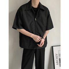 BONSIR   -  Summer Short Sleeved Shirt Men Fashion Oversized Zip Shirt Men Korean Loose Black White Dres Shirts Mens Ice Silk Shirt M-2XL