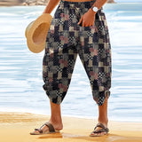 BONSIR  -  Summer Vintage Boho Graphic Belt Tie-up Pants Men Casual Loose Breathable Cotton Printed Shorts pocket Beach Shorts Men
