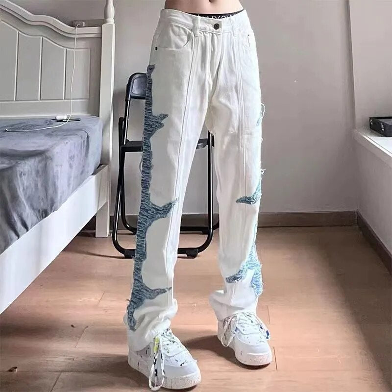 Bonsir American stitching white washed trousers retro street color contrast damaged details loose fashion straight jeans men and women