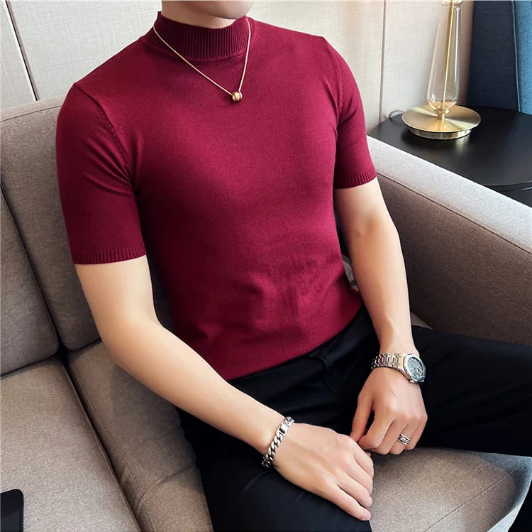 Bonsir Autumn High Quality Short Sleeve Knitted T Shirts  Men Slim Solid Pullovers Half Turtleneck Casual Stretched Tee Shirt Homme