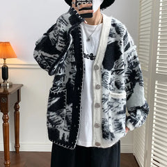 Bonsir Asymmetrical Cardigan Men Single Breasted Loose Korean Style Hipster High Street Stylish Simple All-match Handsome Popular Chic