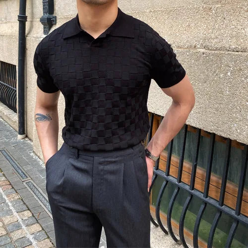 Bonsir Summer Plaid Knitted Polo Shirts Men Short Sleeve V-Neck Knitted Lapel Tee Tops Elasticity Slim Casual Business Social Polo