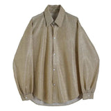 Bonsir Mens Fashion Shiny Bright Silk Woven Shirt Autumn Genderless Trend Personality Stage Loose Nightclub Long-Sleeve Shirt Unisex