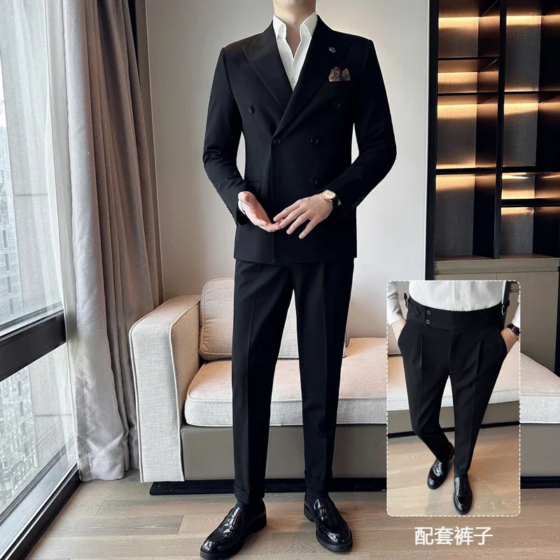 Bonsir (Jacket+Pant) Fashion Double Breasted Design Men's Slim Fit Suits High Quality Italian Style Wedding Social Tuxedo Men Clothing