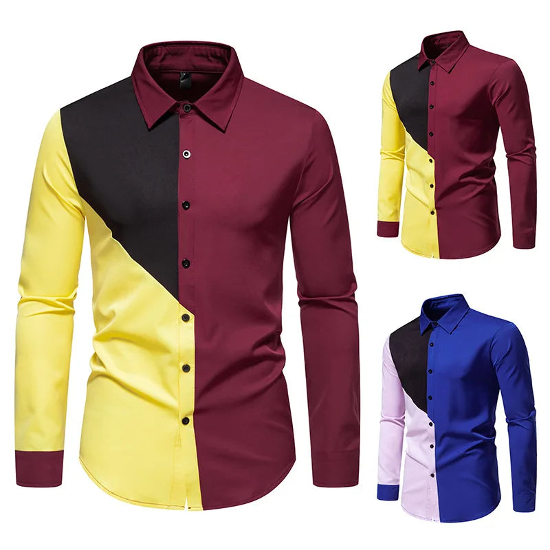 BONSIR  -  Autumn Foreign Trade New Men's Polo Collar Colored Long Sleeved Shirt European Casual Splicing Large Men's Shirt