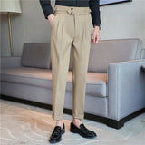 Bonsir British Autumn New High Waist Trousers Men Belt Design Slim Fit Suit Pants Office Social Wedding Party Formal Pants Hommes
