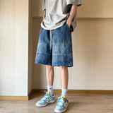 Bonsir Summer New High Street Casual Versatile Denim Capris Elastic Waist Men's Korean Style Loose Wide Leg Large Pocket Shorts