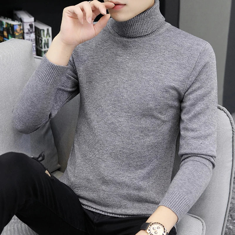 Bonsir Fall/Winter Men's Turtleneck Sweater Fashion Striped Solid Color Warm Knitted Sweater Men Double Collar Slim Fit Sweaters