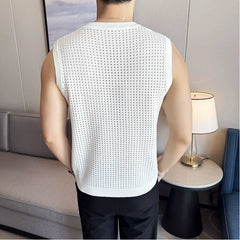 Bonsir Summer Mesh Hollowing Out T Shirts For Men High Quality Korean Slim Fit Elastic Sleeveless O-Neck Gym Breathable Vest Mens Tees