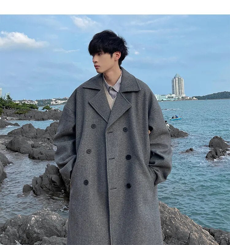 Bonsir Autumn/Winter Mid Length Woolen Coat Men's Thickened Windbreaker Overcoat Loose Large Handsome Parka Fashion Daily Men Clothing