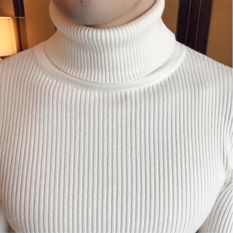 Bonsir Fall/Winter Men's Turtleneck Sweater Fashion Striped Solid Color Warm Knitted Sweater Men Double Collar Slim Fit Sweaters