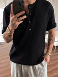 BONSIR  -  Fashionable Mens Henley Neck Shirts Knitting Solid Color Short Sleeve T Shirt Summer New Casual Buttoned Textured Men T-shirts