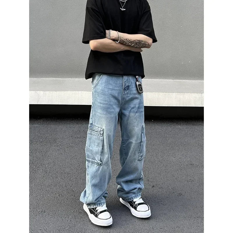 Bonsir Y2K Fashion Multi Pockets Washed Blue Baggy Jeans Cargo Pants For Men Vintage Clothes Straight New Denim Trousers