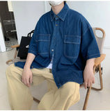 BONSIR  -  Summer Casual Denim ort Sve irt Men Versatile Trendy Waed Five Sve Workwear Jaet Loose Fit Multi ket Jeans