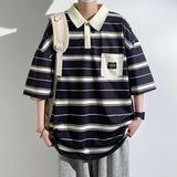 BONSIR  -  Summer Men's New Fashion Polo shirts Hong Kong Style Youthful Vitality Lapel Striped Button Pockets Half Sleeve Casual Tops