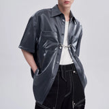 Bonsir French Satin Glossy Shirt Men's Fashion Pocket Solid Color Short Sleeve Blouse Unisex Functional Metal Button Design Shirts