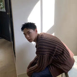 BONSIR  -  American retro contrasting color striped twisted zipper cardigan knit sweater jacket men and women casual versatile tops