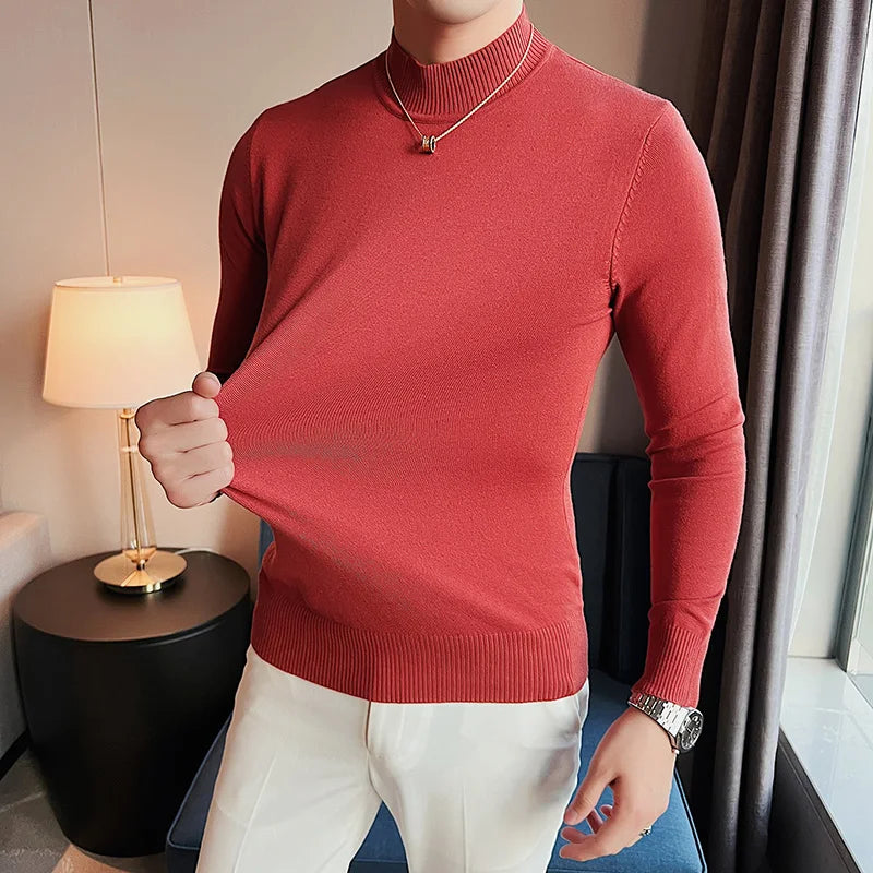 Bonsir Autumn Winter Half High Neck Sweater Men Solid Warm Knitwear Pullover High Quality Long Sleeve Slim Fit Elasticity T Shirt