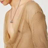 Bonsir Mens Sexy See-Through Mesh Long-Sleeve Top 2024 New Genderless Nightclub Individuality Irregular Thin Low-Cut T-Shirt Unisex