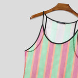 BONSIR  -  Men Tank Tops Striped Colorful See Through Mesh Male Vests Summer Sexy O-neck Sleeveless Fashion Men Clothing Tops 2025