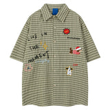 BONSIR  -  Vintage Dogs Embroidery Shirts Mens Streetwear Hip Hop Plaid Casual Blouse Men Oversized Summer Harajuku Short Sleeve Shirt Male