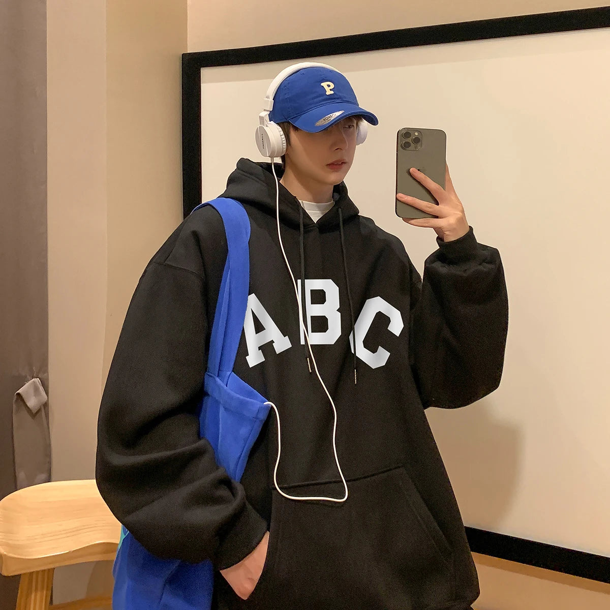 Bonsir ABC Letter Print Men's Hoodies Korean Fashion Harajuku Oversized Pullover Hip Hop Long Sleeve Hooded Sweatshirts Streetwear