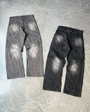 Bonsir American Hip Hop High Street Streetwear Heavy Industry Jeans Striped Washed Wide Leg Pants Retro Distressed Straight Leg Pants