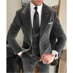 Bonsir Grey Velvet Business Suits for Men Slim Fit Peak Lapel Custom Wedding Groom Tuxedo 3 Piece (Jacket + Pants + Vest)