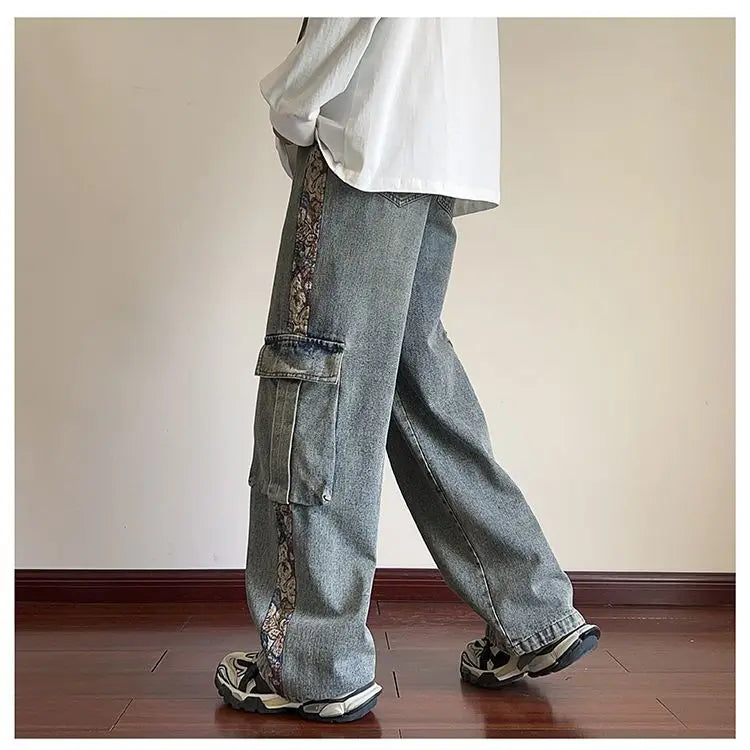 Bonsir Hip hop trend personalized straight leg retro washed workwear jeans American men and women street loose wide leg casual pants