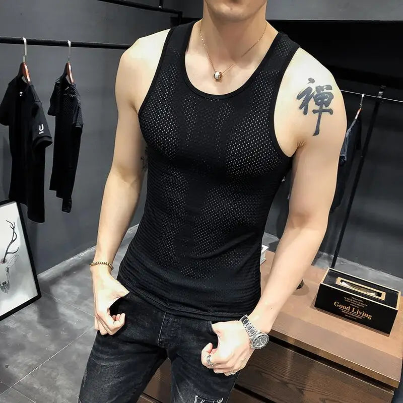 Bonsir Summer Cool Breathable Mesh Sweat Tank Vest Men Solid Color Sleeveless Round Neck Sweat Absorption Gym Men Tank Top