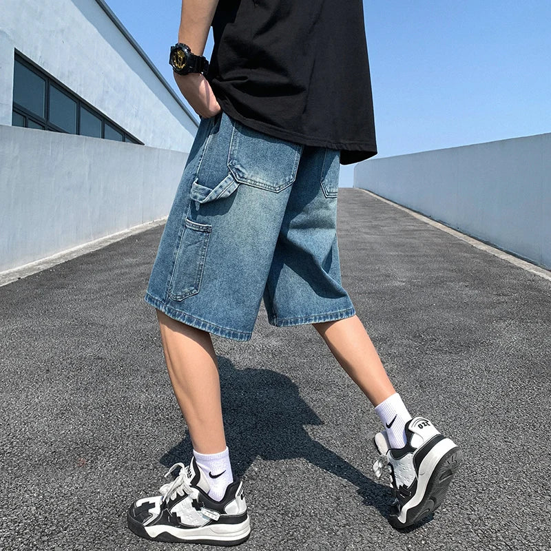 Bonsir Korean Style Summer Men's Blue Baggy Denim Shorts New Street Apparel Workwear Large Pocket Wide Leg Denim Shorts Blue