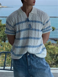BONSIR  -  Men Fashion Stripe Lapel T-Shirt Short Sleeve Comfort Knitted Polo Shirt High Quality Coarse Fried Dough Twists Design Top