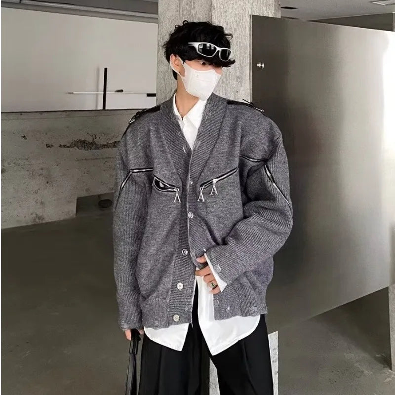 Bonsir Harajuku Double Zipper Knitted Cardigan Men Vintage Loose Knitted Sweater Punk Hip Hop Retro Design Jumpers Jacket