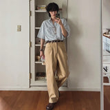 BONSIR  -  Japanese retro striped short-sleeved shirt men's summer loose casual shirt Korean version trendy lapel top