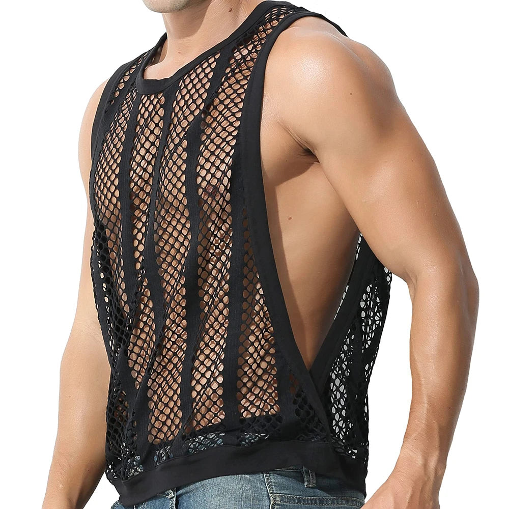 Bonsir Mens Fitness Vest Sleeveless Nightclub Sexy Mesh Transparent Hollow Vest Casual See-Through Fishnet Muscle T-Shirt Vest