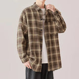 BONSIR  -  Brown Retroplaidshirtlong Sleeveshong Kong Styleclassy Japanese StyleJuku Style Loosetopscasual Shirtoutwear