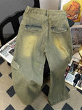 Bonsir Spring Men and Women Trendy Street Personalized Washed Straight leg Jeans Couple Loose Wide Leg Floor Raging Casual Pants