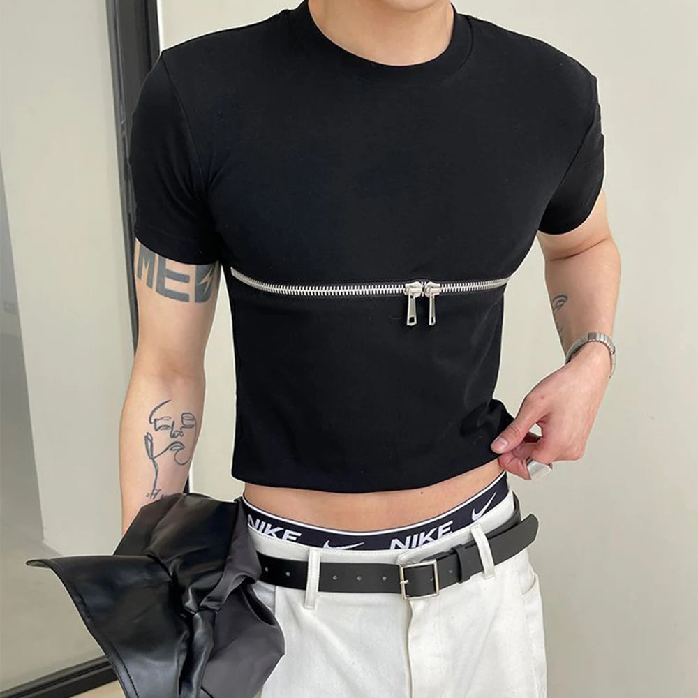 Bonsir Fashion Crop Tops Men T Shirt Zipper Solid O-neck Short Sleeve T Shirt Summer Y2k Streetwear Unisex Short Tees Casual Camisetas