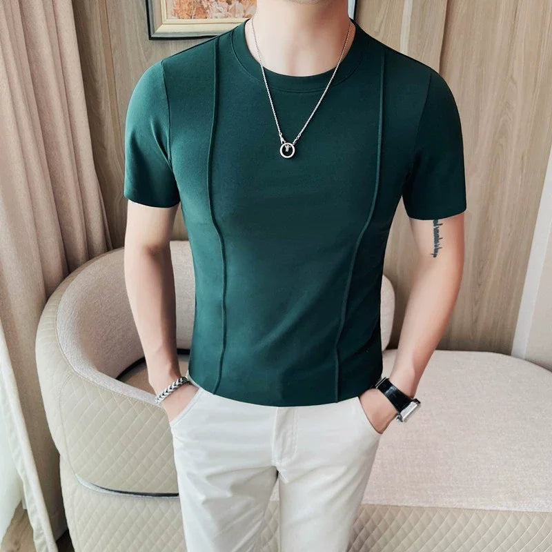 Bonsir Autumn New Round Neck Solid Color T Shirts Korean Luxury Long Sleeves Men's Casual Slim Fit Elastic Cotton Tee Shirts 4XL-M