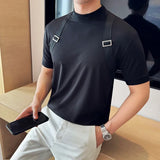 Bonsir New Woven Belt Decoration Splicing Design T-shirt  For Men Korean Fashion Slim Fit Elastic Half-High Collar Short-Sleeved Tee